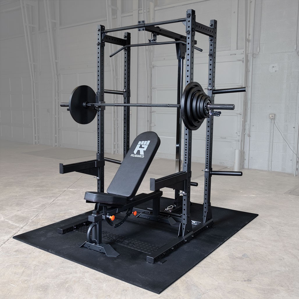 Rugged Extended Half Rack Package with Lat, Bench, FREE 300 lb. Weight Set, Mats