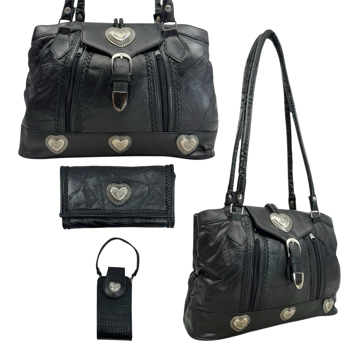 Vintage 80s 90s L Leather Shoulder Bag Satchel Handbag Wallet Phone Case  Set NOS