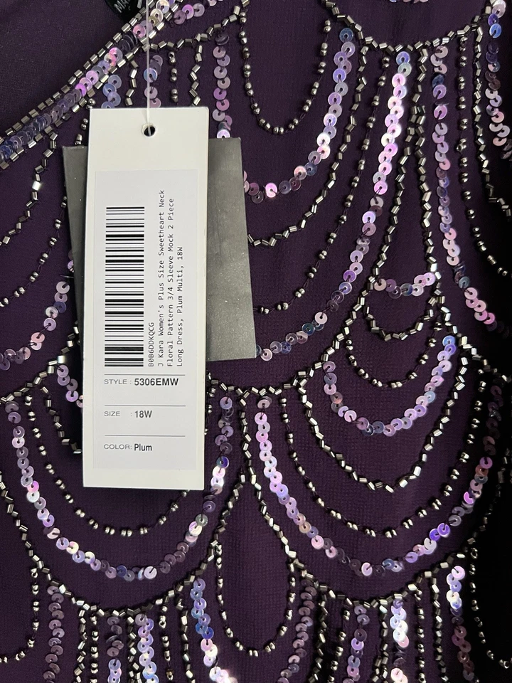 J Kara Women's Sleeveless Scallop Long Beaded Dress With Scarf Size 18 Plum - Image 2 of 4