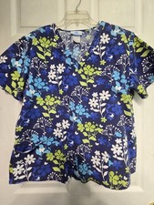SB Scrubs Scrub Top Size L-Navy/Lime/Aqua Floral V-Neck-Chest 24.5"/L 26"