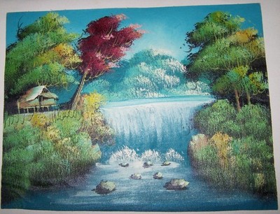 Haus am Wasserfall GEMÄLDE Bäume Asien Bild Malerei Schilf Dschungel BALI