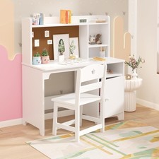 Kids Desk and Chair Set, Wooden Study Table with Storage Shelf, Bulletin Board