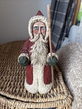 Vintage 1989 Hand Carved Wood Santa Folk Art Signed DW St Nicholas Primitive