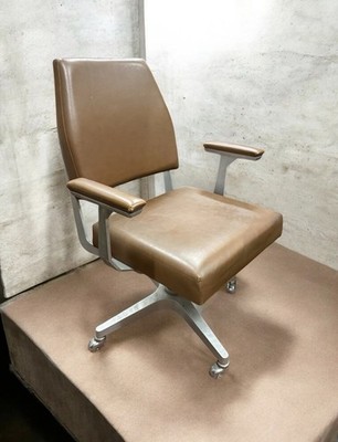 VINTAGE CHEFSESSEL 70ER JAHRE LEDER BRAUN ALUMINIUM MASSIV BÜROSTUHL DREHSESSEL