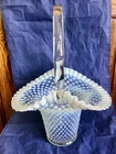 LARGE VINTAGE FENTON ART GLASS FRENCH OPALESCENT HOBNAIL BASKET
