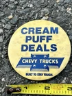 VTG 1960s Chevrolet Chevy Truck Cream Puff Deals Ad Sign Pin Celluloid Gas Oil