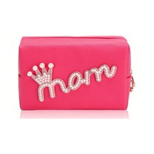 Mom Logo Makeup Cosmetic Zipper Travel Pouch   Pink w/ Rhinestones  Pearls Gift