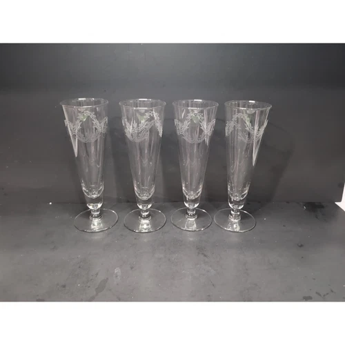Chintz Etched Pilsner Glasses Set of 4, 10 oz Footed Glasses, Vintage Glassware
