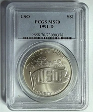 1991 D USO Anniversary Commemorative Silver Dollar PCGS MS 70 50th Anniversary