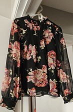 Women's Feminine Black Floral Long-Sleeve Ruffle Blouse - Size M