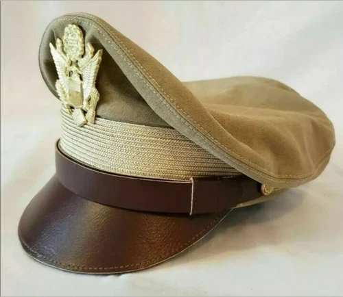 WW2 US Army Aircorps Military Airforce Officers Khaki Crusher Visor Hat Cap