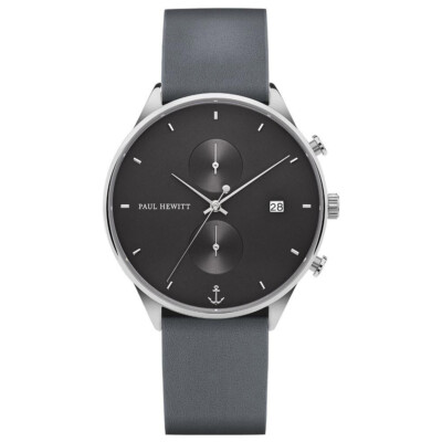 Paul Hewitt Chrono Line Herrenuhr Chronograph Silber Leder Grau Armbanduhr Quarz