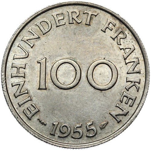 Saar-Saarland coin 100 one hundred francs 1955 brass condition! - Picture 2 of 2