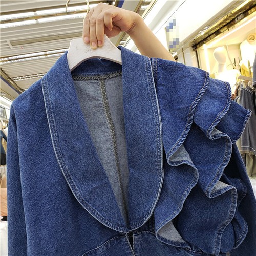 Damen Jeansjacke Mantel Rüschen Falbala Asymmetrisch V Hals Jeans Top Kurz Chic - Bild 5 von 12