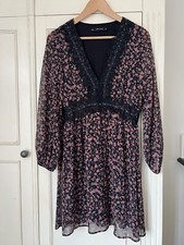 Zara Mini Dress V Neck Long Sleeve Black Floral Boho Light Chiffon sz S