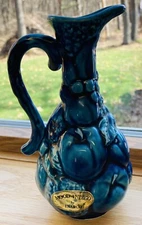 Vtg Mood Indigo Inarco Japan Blue Cruet Pitcher Embossed Fruit Design 6.5 in