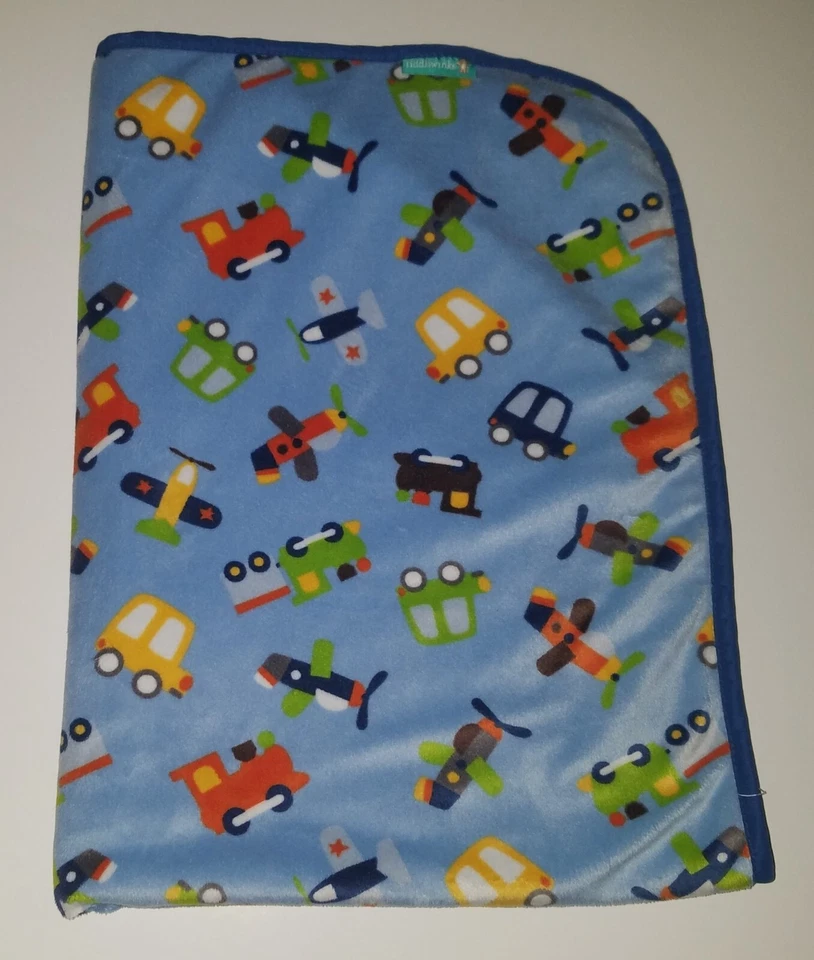 Tiddliwinks Blue Fleece Baby Blanket Lovey Trains Airplanes Cars Vehicles 30x40 - Image 3 of 4