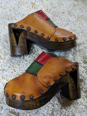 AMERI　STUDS WOOD HEEL BABOOSH Vintage Platform Heels Carved Wooden Heel Platform Shoes 90s