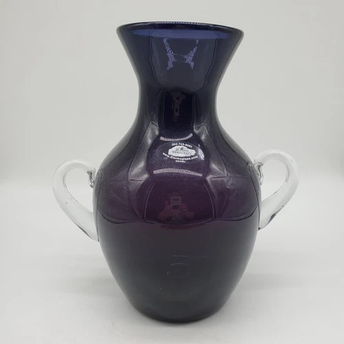 9" Blenko Glass Amethyst Purple/Cobalt Blue Vase Applied Clear Handles w/Label