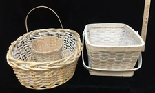 Baskets Woven Wicker White Washed Country Rattan Wood Handles Gardening Lot 3