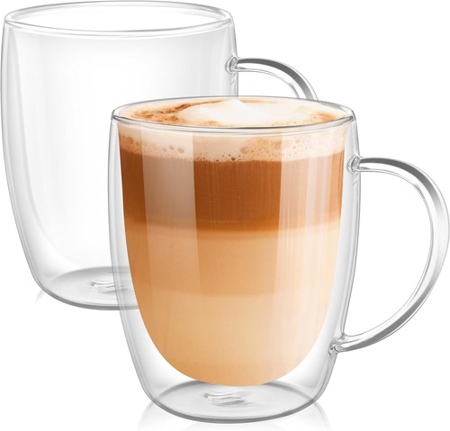 9oz Coffee Cups Clear Double Wall Glass Espresso Coffee Mugs with Handle Set of2