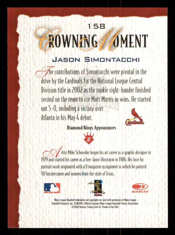 2002 Diamond Kings #158 Jason Simontacchi RC - Image 2 of 2