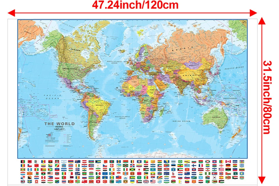 MAPA DEL MUNDO BANDERAS TAMAÑO GIGANTE 120x80CM IMPRESIÓN PÓSTER PARED EDUCACIÓN VIAJES Foto 2 de 4