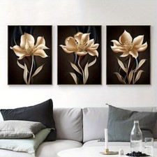 Wooden Framed Rustic Abstract Gold Flower Canvas Posters High Quality Wall Art