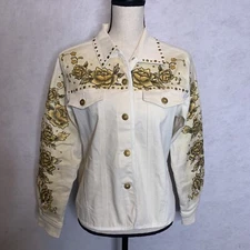 DG2 by Diane Gilman Jacket Womens Small White Hand Painted Gold Flowers Studs