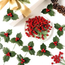 288 Pcs Christmas Artificial Holly Berry Stems with 60 Pcs Holly Leaves