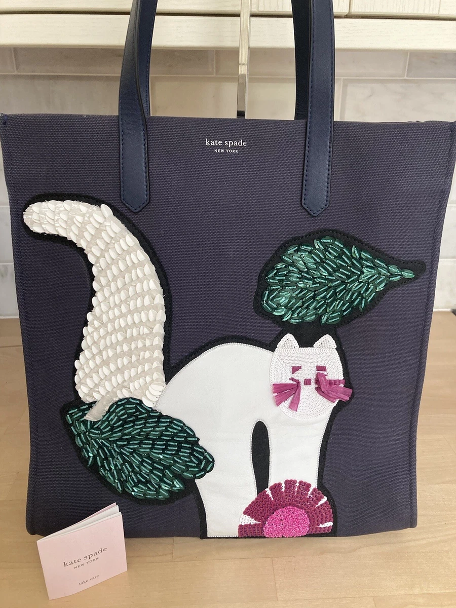 KATE SPADE NOVELTY KITTY KITT CAT CANVAS LARGE NORTH SOUTH TOTE SHOPPER BAG RARE