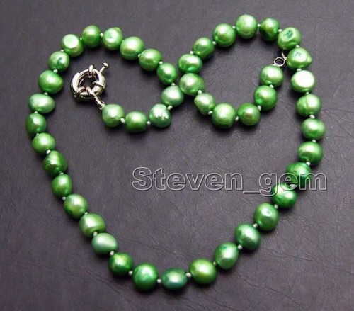8-9mm Baroque Natural Freshwater Green Pearl Necklace for Women 17'' Chokers - Picture 12 of 48