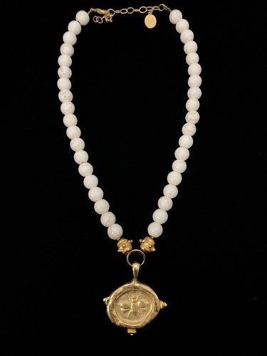 Susan Shaw INTAGLIO BIENE GOLD PLÄTTCHEN und weiß türkis Perlen Halskette 17”-20” - Bild 2 von 8