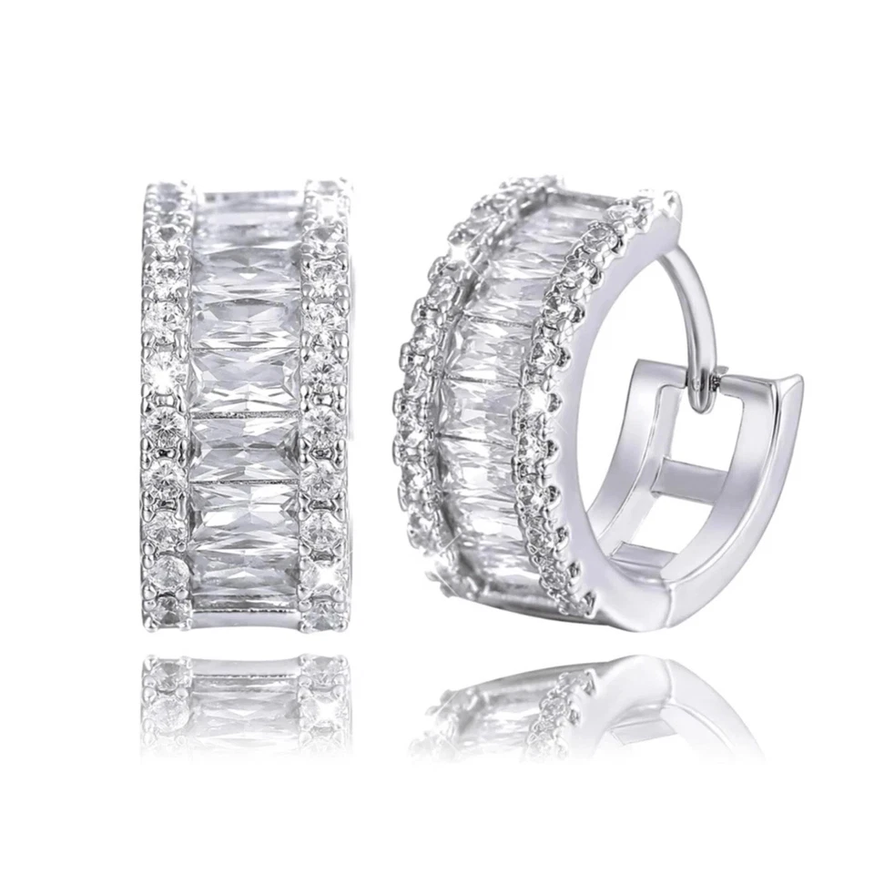 Uomo Donna Iced Cz Ipoallergenici 925 Sterling Baguette Stretto Hoop Orecchini - Immagine 2 di 4