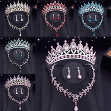 3Pcs/Set Crystal Bridal Tiara and Crown Earrings Necklace Jewelry Set for Women