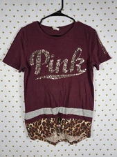 Victorias Secret PINK Animal Print tie front BLING GOLD Sequined tee shirt MED