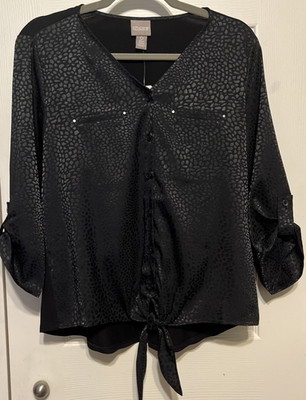 Chico's Black Jacquard Knit Mix Tie Front Rivet 3/4 Sleeve Top Size 0 (4/6) NWT