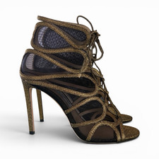Jimmy Choo Women s Light Bronze Lame Glitter Strappy Lace-Up Open Toe Stiletto 8