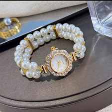 Women’s Faux Pearl Bracelet Analog Wristwatch Round Gold Tone Gemmed Bezel