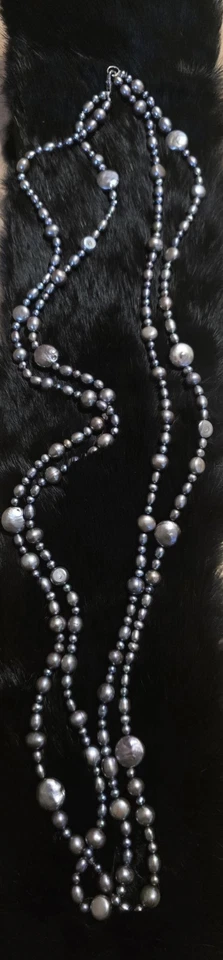 36英寸染色灰色淡水珍珠项链长股巴洛克珍珠银色  — 第 3/4 张图片