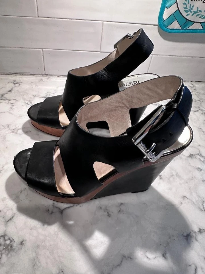 Michael Kors Josephine wedge heels black leather slingback sandals size 6.5 Foto 2 de 4