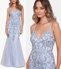 Xscape Embellished Mesh Formal Mermaid Gown Gray/Blue Prom/Bridesmd SZ 4 *READ