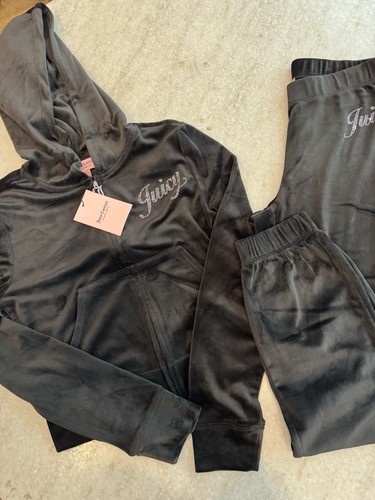 Neu mit Etikett Juicy Couture Velours Glitzer Scrunchend Trainingsanzug Hoodie Hose schwarz Medium - Bild 7 von 8