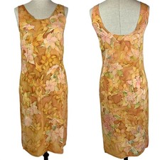100% Silk Kristi Kranz Hand Painted Slip Dress Gold Floral S Batik Hawaiian