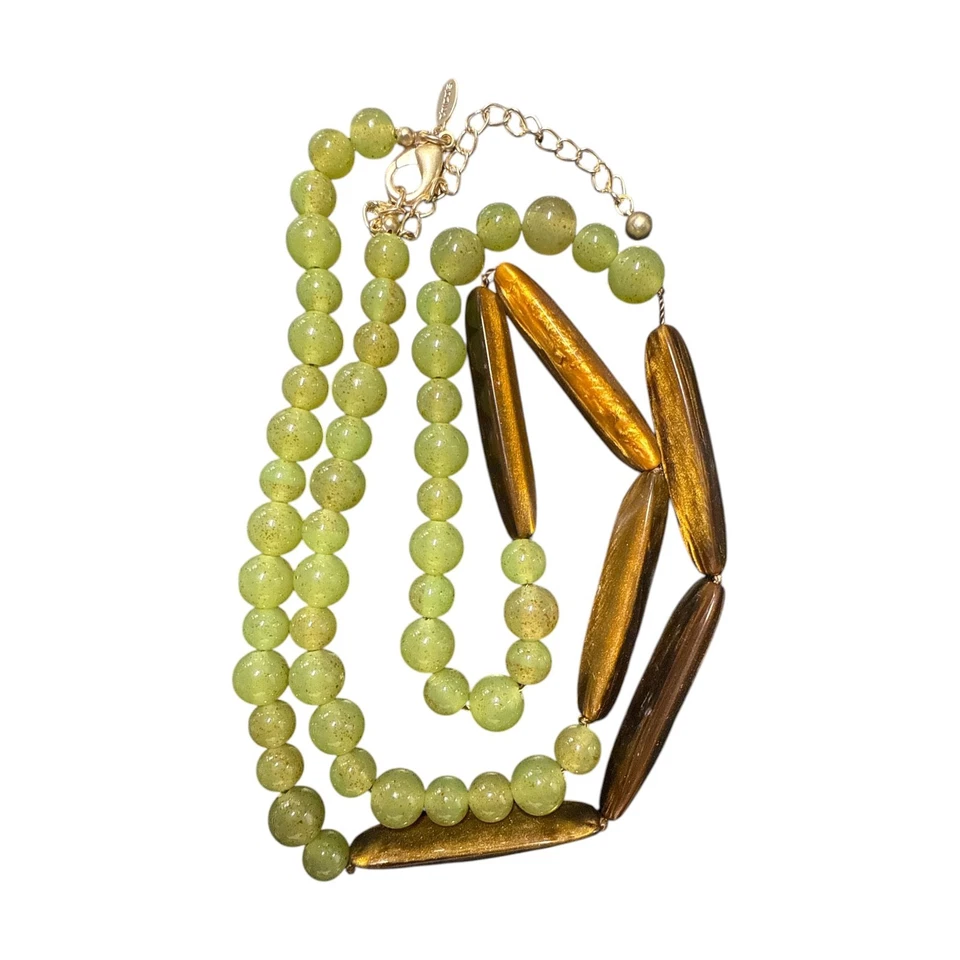 Colar longo CHICO'S tom dourado falso olho de tigre e contas verdes C311 - Imagem 2 de 3