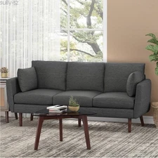 Linen Fabric Sofa Couch 3 Seat Sofa Upholstered Home Living Room w/ 2 Cushions