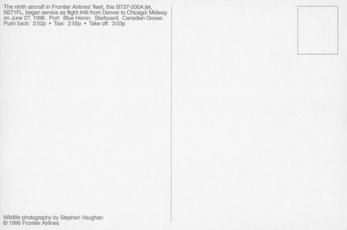 Postcard Airline Frontier Airlines fleet B737-200A Jet N271FL #46 Blue Hero AP1. - Picture 2 of 2