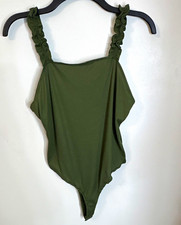 No Boundaries Green Solid Ruffle Strap Bodysuit Stretch Opaque Size L/G 11-13