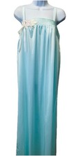 VTG Deena Nylon Nightgown Silky Satin Blue Maxi Glam Strappy Embroidered Medium