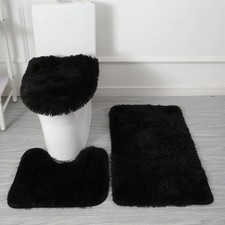 Black Bathroom Rugs Sets 3Piece Bath Mat Solid Bath Rug Floor Mats Washable